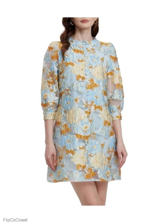 Dresses & Skirts - Floral Jacquard Embroidered Cocktail Shift Dress with Puff Sleeves Mini